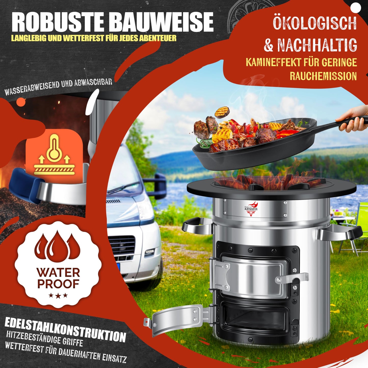 KESSER® Rocket stove incl. cast iron grill pan, griddle, grill tongs & carrying bag | Dutch Oven BBQ Rocket wood stove camping | Outdoor camping stove camping grill stainless steel silver