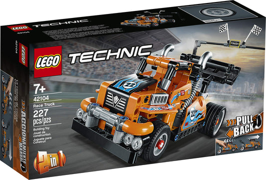 LEGO 42104 Technic Race Truck or Race Car, 2-in-1 model with pull-back motor, collection of racing vehicles.