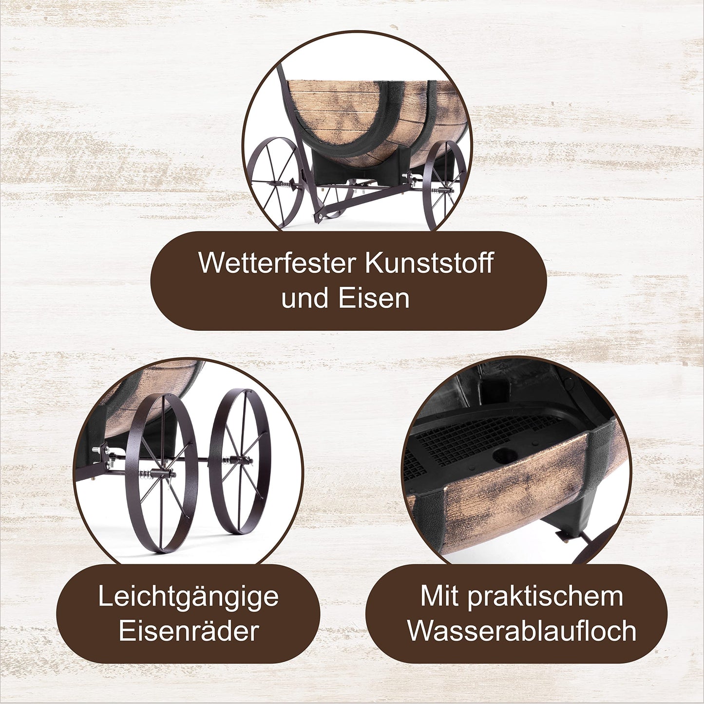 STREND PRO Floral Cart Whiskey Barrel - Plant cart on wheels, garden decoration flower pot barrel - realistic wooden look flower pot - flower pot plant wheelbarrow - wooden handcart, wooden wagon