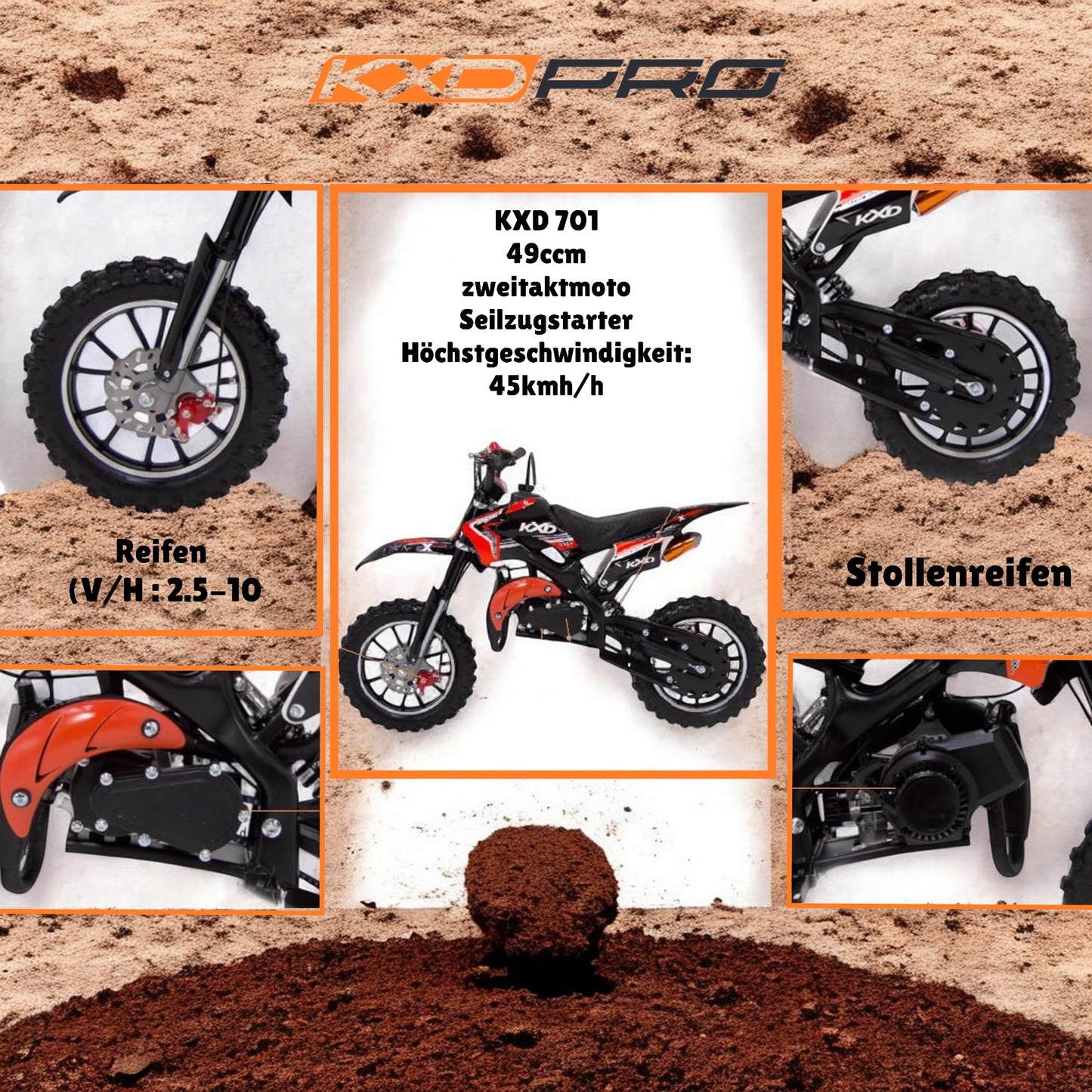 KXD 701 49cc Dirt Bike Dirtbike CrossBike Enduro children DirtBike pocket 49cc Pitbike PocketBike Motocross motorcycle Motorsport Pocket Vollcross Crossbike (orange)