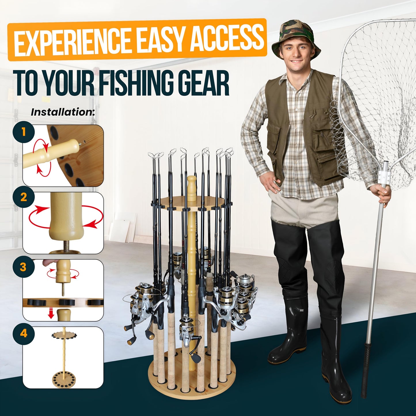 Rush Creek Creations fishing rod holder for garage, fishing rod rack, floor stand for up to 16 rods, fishing gear, storage organizer, fishing gifts for men, 24 rods, light wood