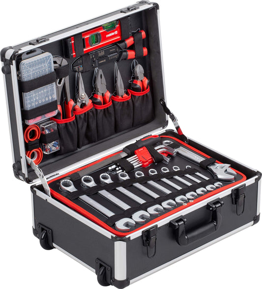 Master tool trolley 238-piece - tool set - telescopic handle / professional tool case filled / tool box on wheels / tool box complete, black/silver, 8971480.