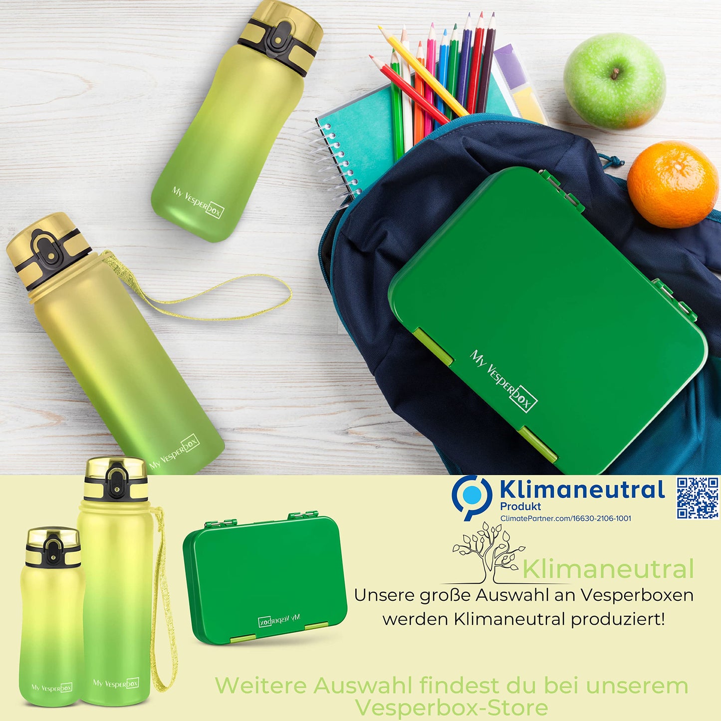 My Vesperbox - Thermo Minny - Stainless steel leak-proof water bottle with straw or sieve - 400ml, 600ml - Durable stainless steel water bottle for kids and adults - BPA free (Green - Yellow, 400ml)