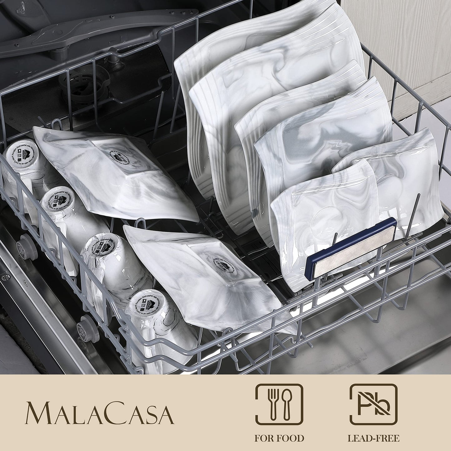 MALACASA, Amparo series, 30-piece marble porcelain dinnerware set with 6 dinner plates, 6 soup plates, 6 dessert plates, 6 coffee cups, and 6 saucers.