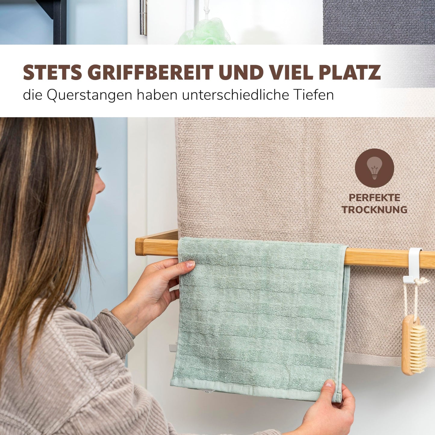 eluno Door Hanging Shelf made of metal and bamboo, door towel holder with 3 towel bars, 4 practical hooks, for hanging without drilling (White)