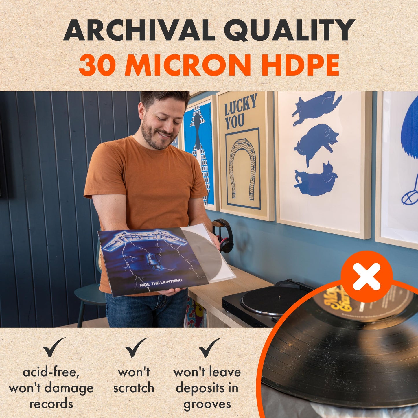 50x 12 Inner Sleeves for LP Records | Audiophile 12 Inch Antistatic Lined Vinyl Protective Sleeves | Multi-layered Inner Sleeves made of Rice Paper