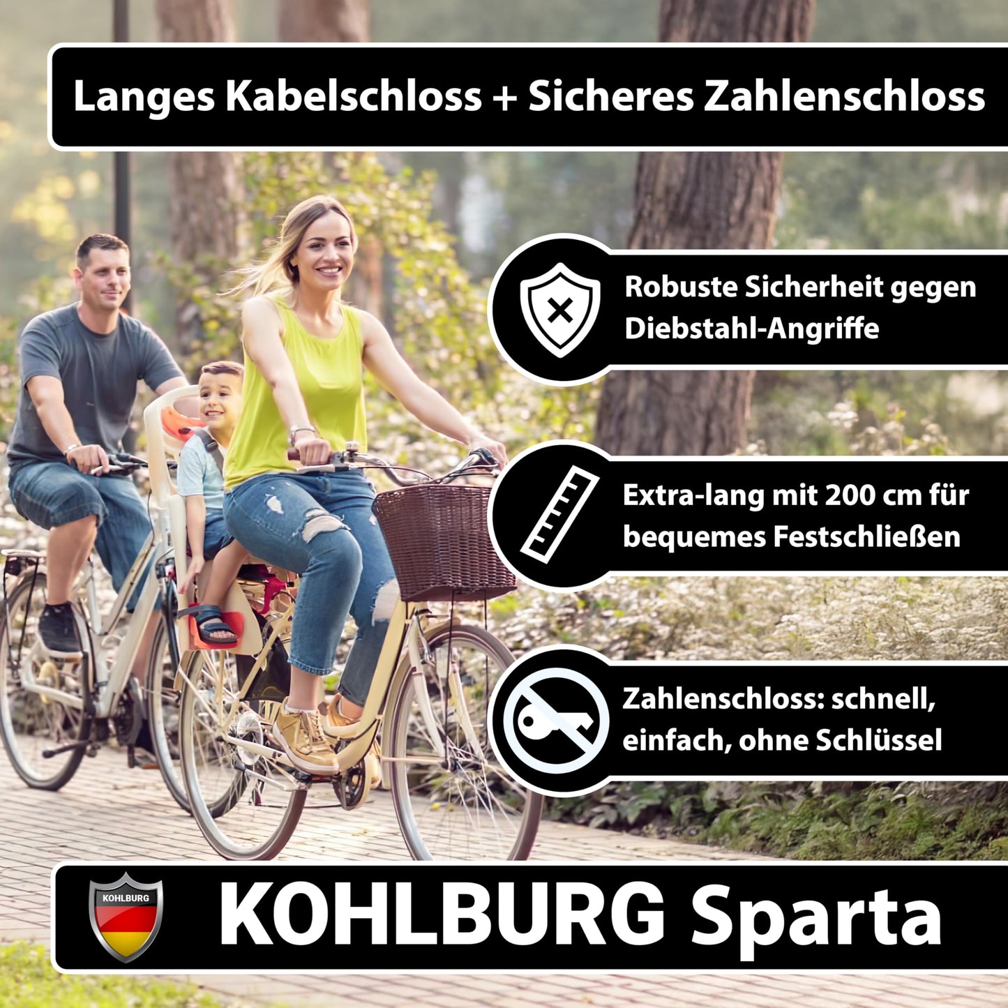 KOHLBURG Cable Lock 2 meters long with number combination - 200cm combination lock - steel cable lock with Velcro fasteners - steel cable, with number code for bike, garden furniture & bike lock