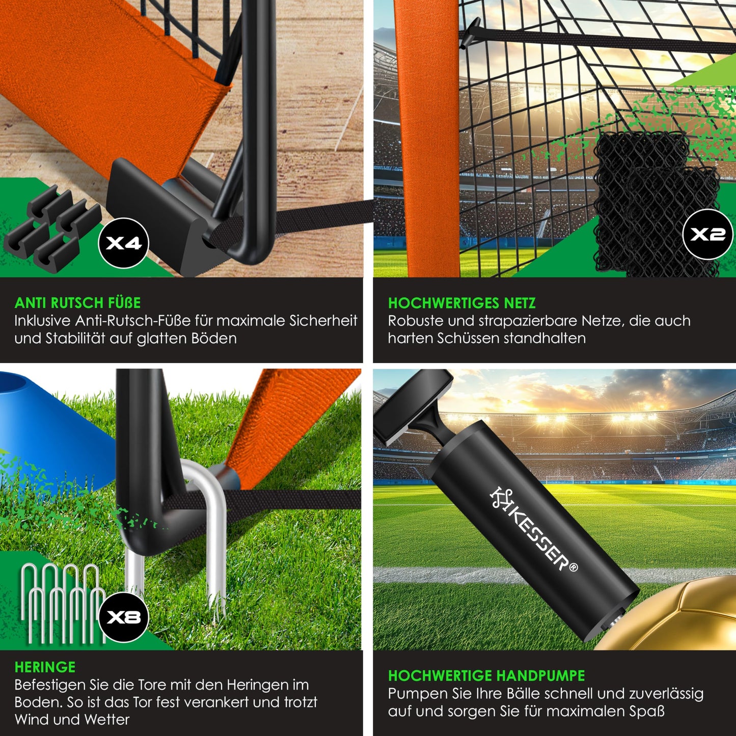KESSER® Soccer Goal Kids Pop-Up 2er Set | Soccer Goals Foldable with Fiberglass Poles & high-quality Goal Nets for Indoor, Outdoor & Garden | With Carry Bag Cone Pump Target Orange