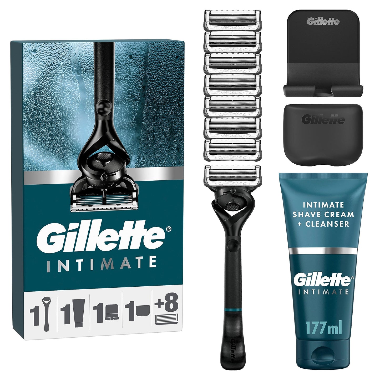 Gillette Intimate Shaving Kit for Men, Men's Razor + 8 Razor Blades + 2in1 Shave and Shower Cream for Intimate Areas (177 ml) + Includes Shower Holder & Travel Case, Gift for Men