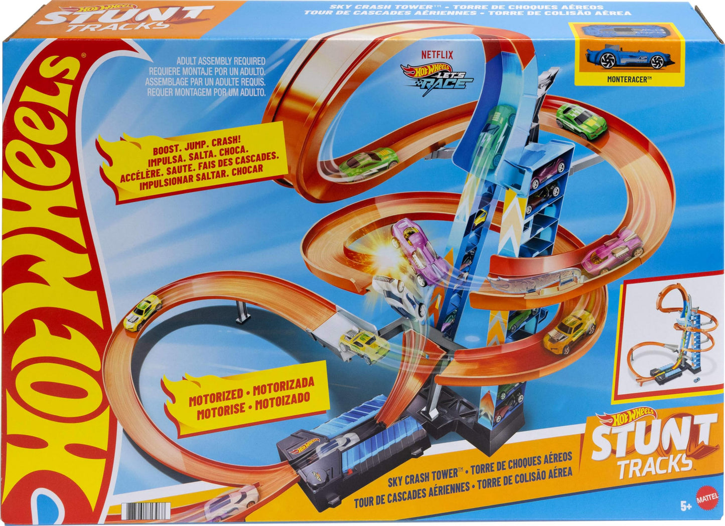 Hot Wheels Sky Crash Tower, 60cm tall with battery-powered booster and orange track with loop, gift for kids ages 5-10, variations in packaging may occur, GWT39.
