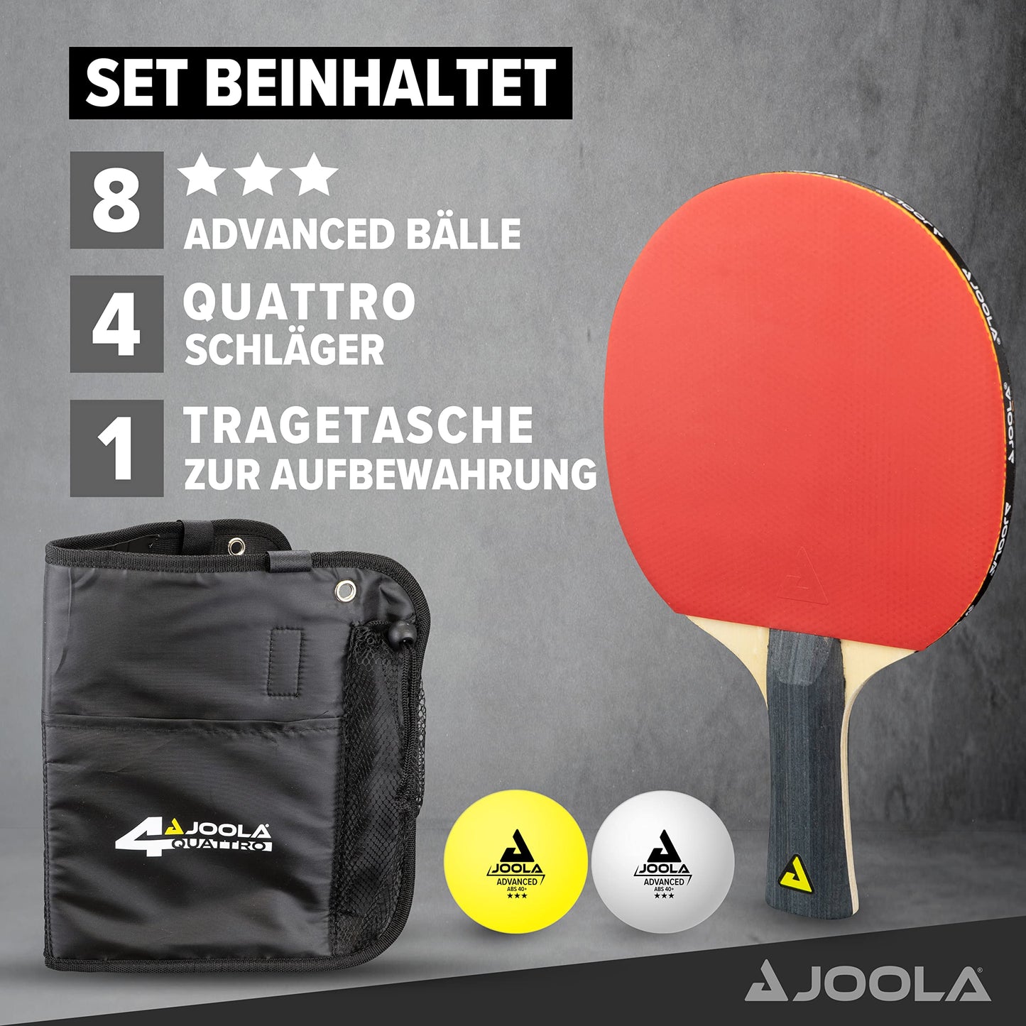 JOOLA Table Tennis Set Quattro, 4 Table Tennis rackets + 10 Table Tennis balls + Bag, 28.5x26x8.5cm & extendable portable Table Tennis net Connect, Set (adjustable length)