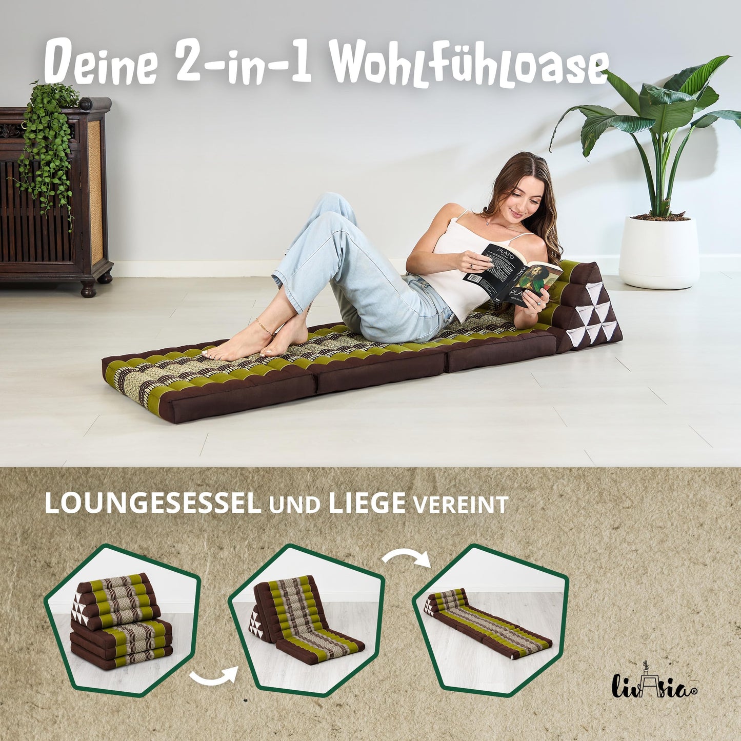 livasia Thai pillow with 3 cushions - 175x50x8cm - triangle pillow with folding mattress, wedge pillow kapok, foldable back pillow, Thai mat for folding, handcrafted, meditation pillow (brown/green)