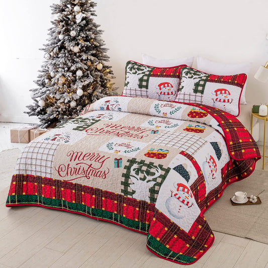 WONGS BEDDING Quilt 220x240 Bedspread Quilt Double Bed Quilted Microfiber 3 Pieces Christmas Quilt Bedspread Quilt with 2 Pillowcases 50x75, White & Red Checkered