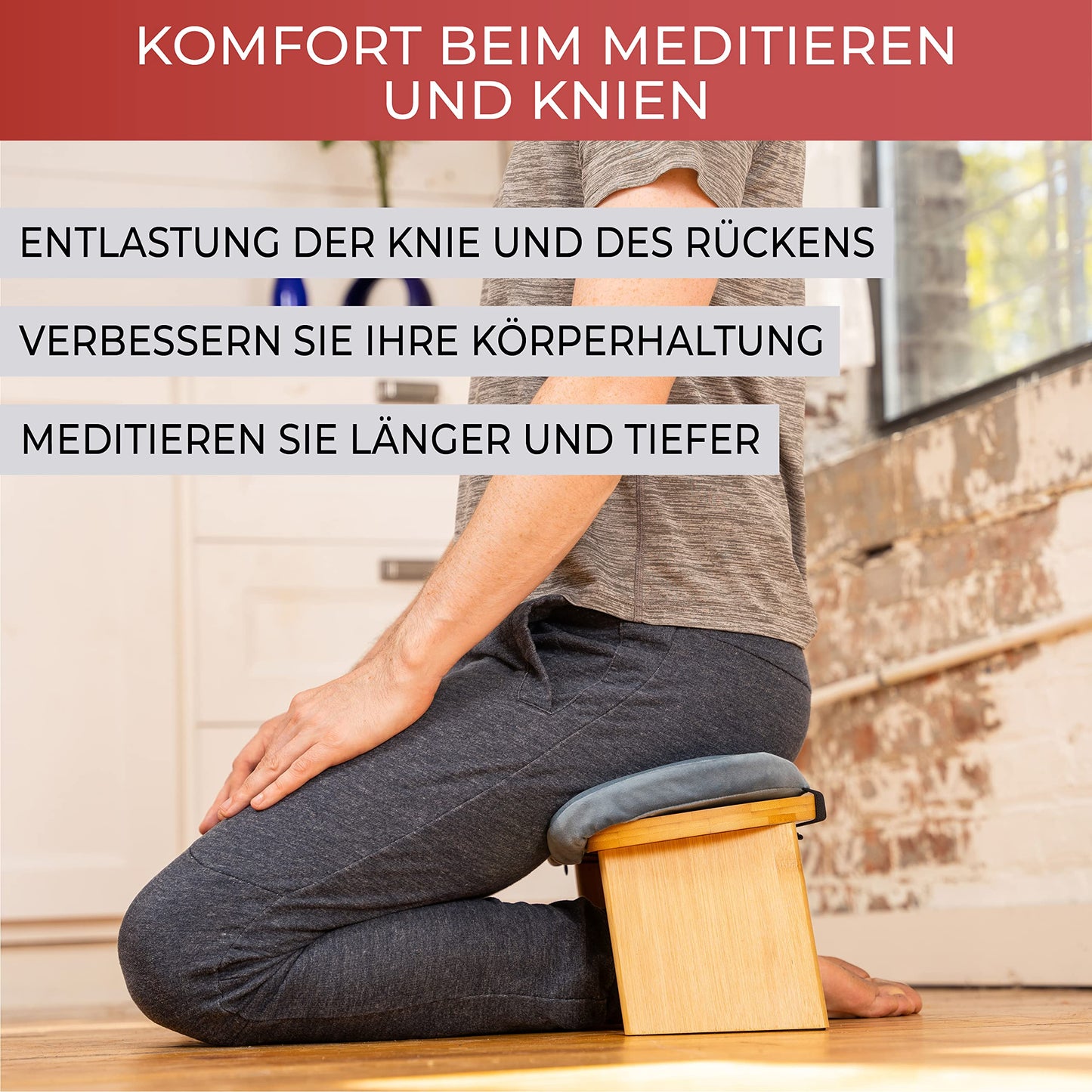 Florensi Meditation Bench - Folding Meditation Bench - Ergonomic Bamboo Meditation Stool - Stable Meditation Chair with Meditation Cushion for Kneeling & Sitting - Deeper & Longer Meditation