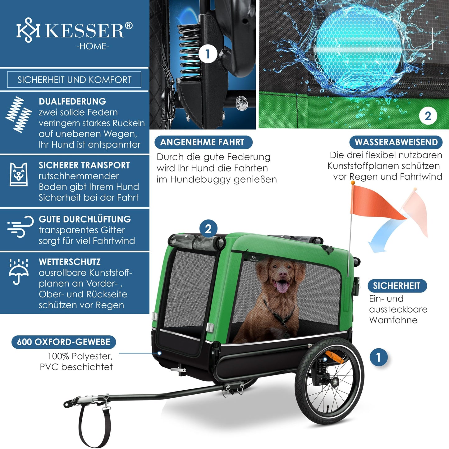 KESSER® Dog Trailer Boxer 3-in-1 Dog Stroller & Jogger Bicycle Trailer large approx. 240 liters volume, sprung, Material: 600D Oxford Canvas, SmartSpace Concept, maximum load capacity: 40 kg