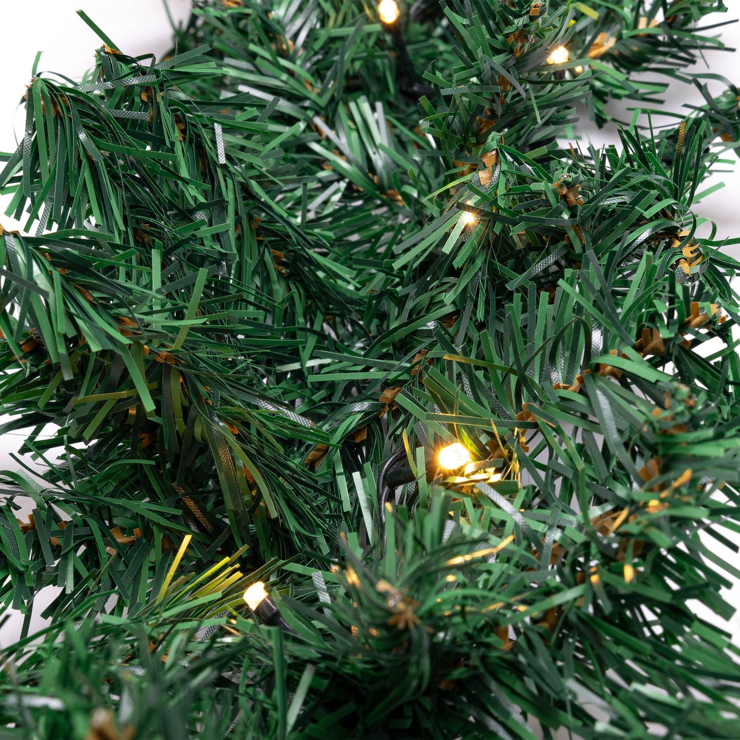 5-meter fir garland with 80 LED lights, expandable, powered by electricity, optional timer, includes 10-meter power cable, suitable for indoor & outdoor use, artificial decor garland with warm-white lighting.