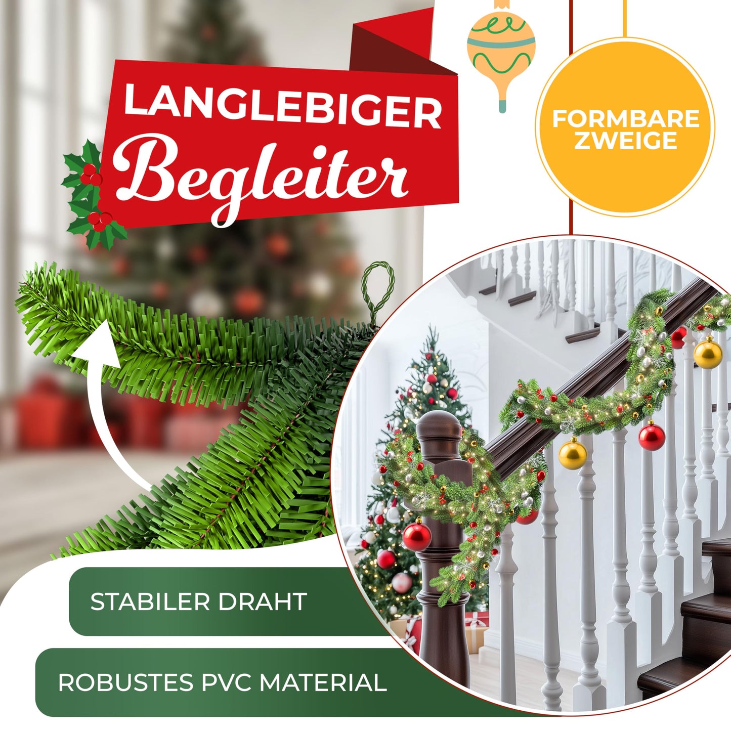 KESSER® Christmas garland 5m with lighting 100 LEDs - Timer - LED chain 8 light modes - Christmas lights - Christmas decoration In & Outdoor - Pine garland including remote control + decorative accessories