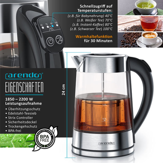 Arendo - Kettle with Toaster SET, Stainless Steel Glass Kettle with Tea Infuser + Temperature Control 1.7 L - Stainless Steel 2 Slice Long Slot Toaster Stainless Steel Egg Cooker for 1-3 Eggs
