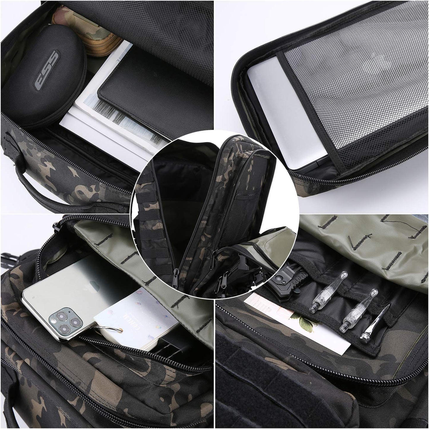 ProCase 40L Military Tactical Backpack, Large Capacity 3-Day Army Assault Pack Bag Go Bag Backpack for Hiking, Hunting, Trekking, Camping, and other Outdoor Activities - Camo Black