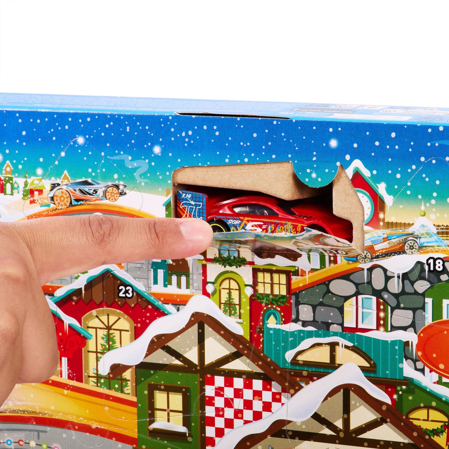 Hot Wheels Advent Calendar - 8 cars and 16 winter accessories behind 24 numbered doors, including a play mat, for kids and fans. HKL74