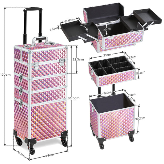 Yaheetech 4-in-1 Cosmetic Case, Trolley Makeup Case, Large Beauty Case, Lockable Multifunctional Hairdressing Case with Wheels and Drawer, Glittery Pink