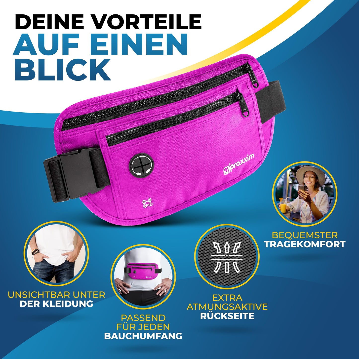 Praxxim The travel fanny pack - THEFT-PROOF with RFID protection - Extra flat fanny pack wearable under clothing - Hip bag - Travel fanny pack - Money belt for women and men - pink