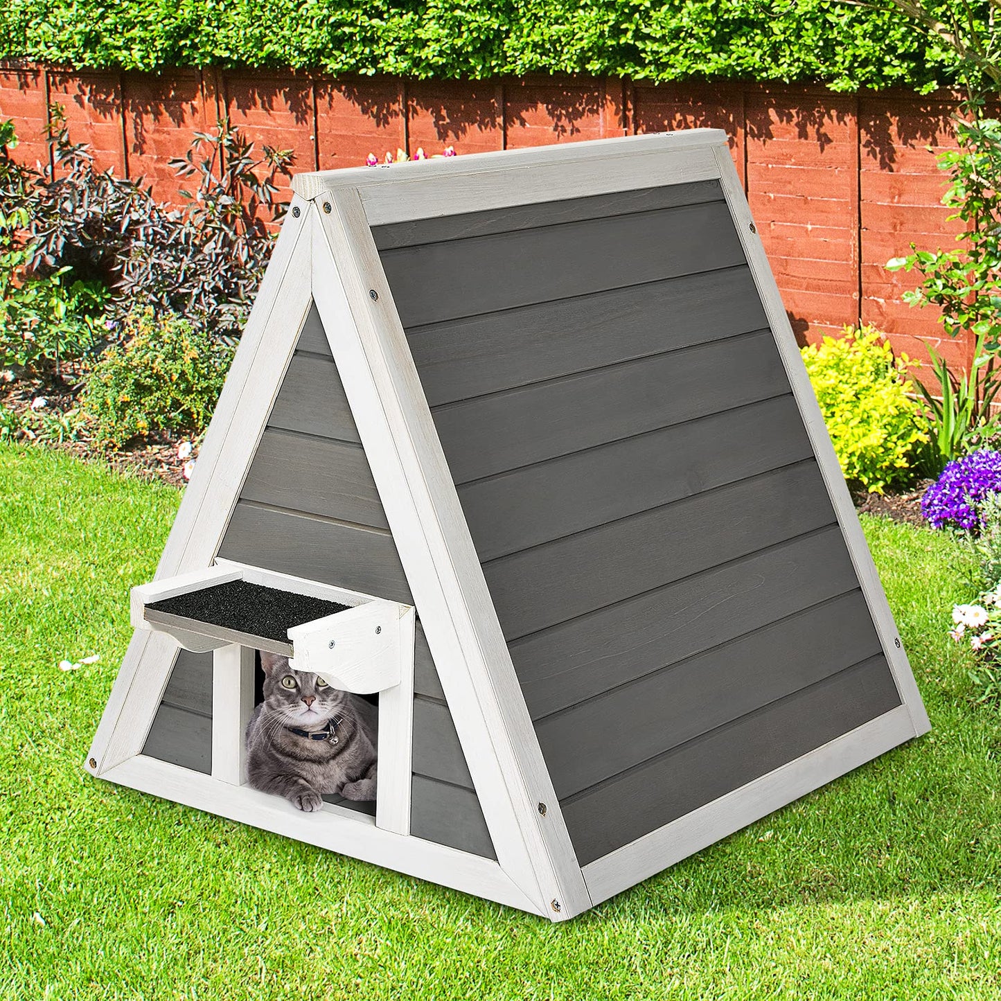 GYMAX 50 x 55 x 52 cm cat house with asphalt roof & door, weatherproof wooden cat cave, suitable for cats up to 20 kg, for indoor & outdoor use.