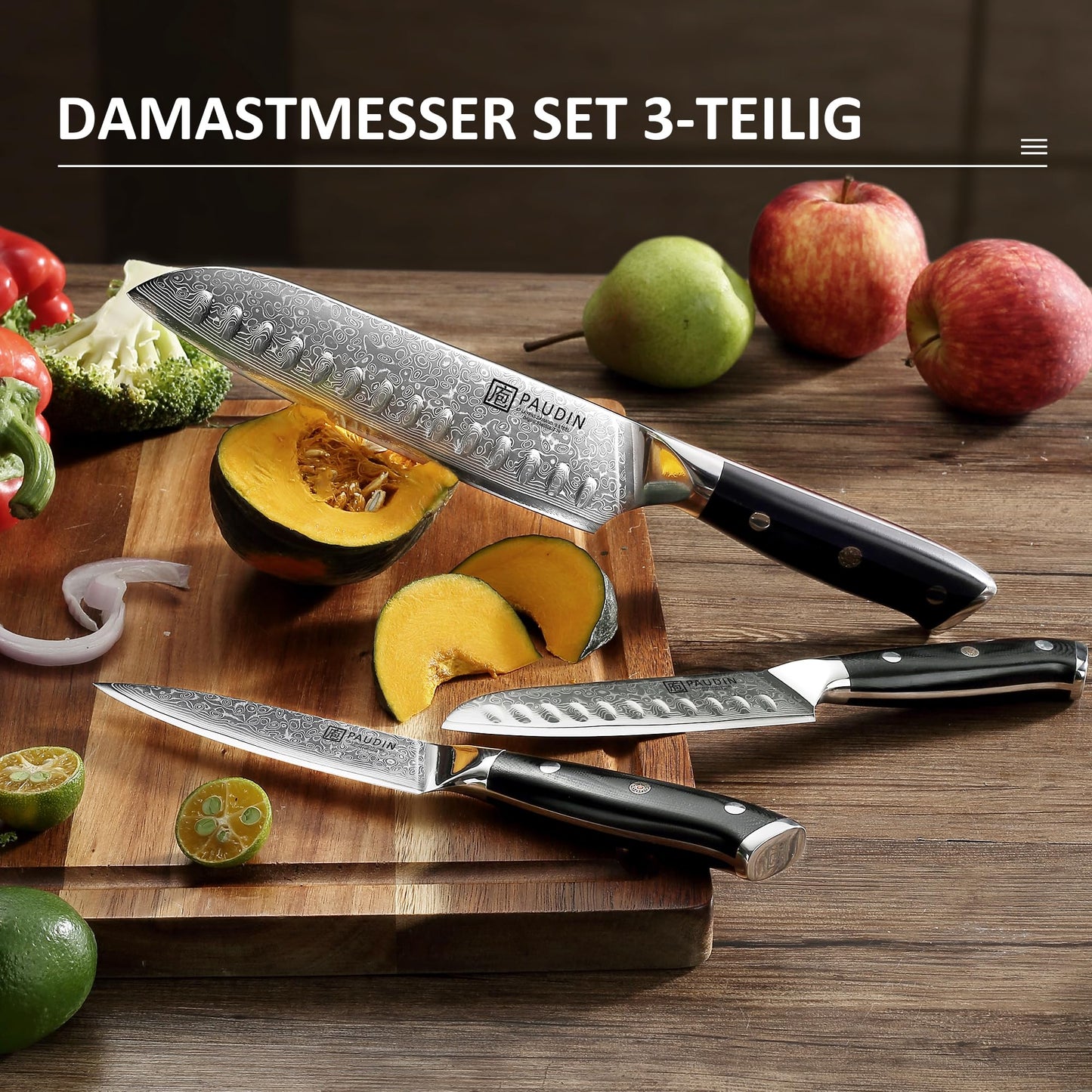PAUDIN Damascus knife set, 3-piece knife set with ultra sharp Santoku knife kitchen knife made of 67 layers of Damascus steel with a Japanese VG10 steel core, ergonomic G10 handle.