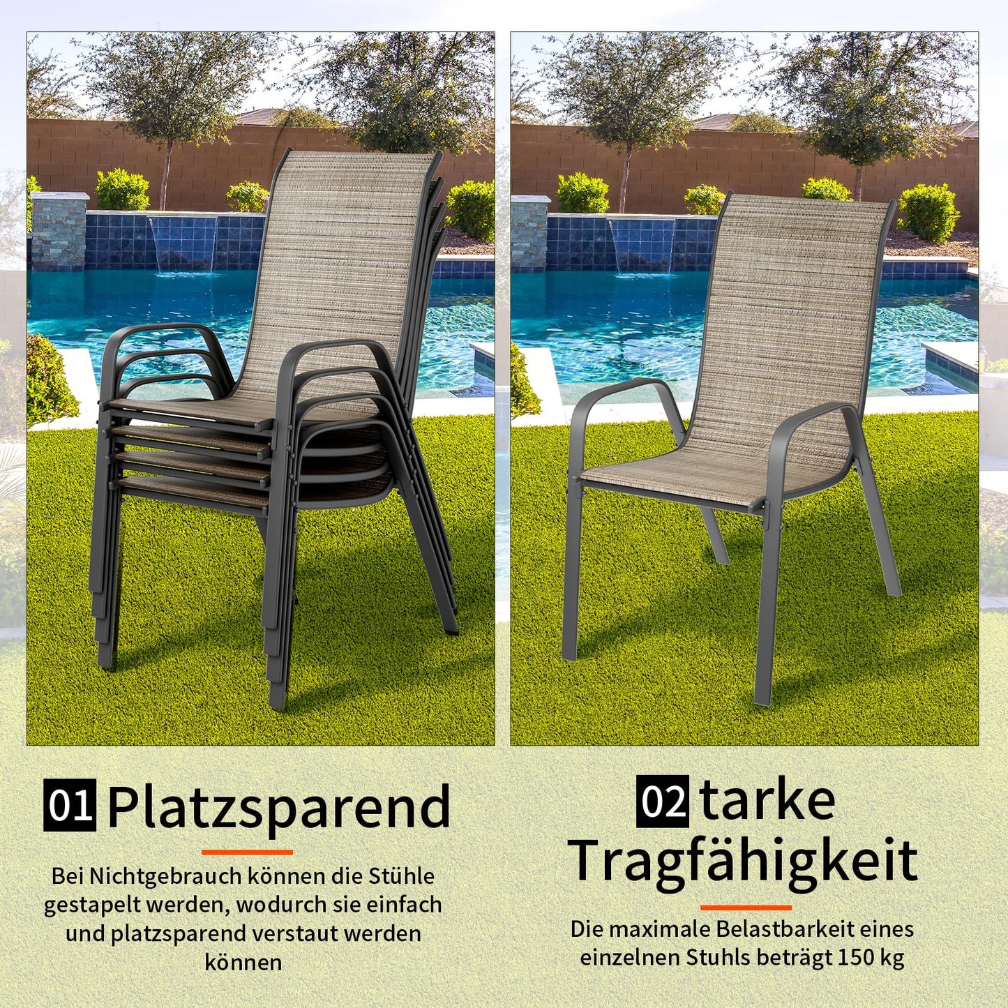 LIFERUN garden chairs stackable camping chair high back terrace chair textilene steel frame for gardens courtyards balconies restaurants 150 kg capacity 54 x 69 x 93cm (4pcs, flax brown)