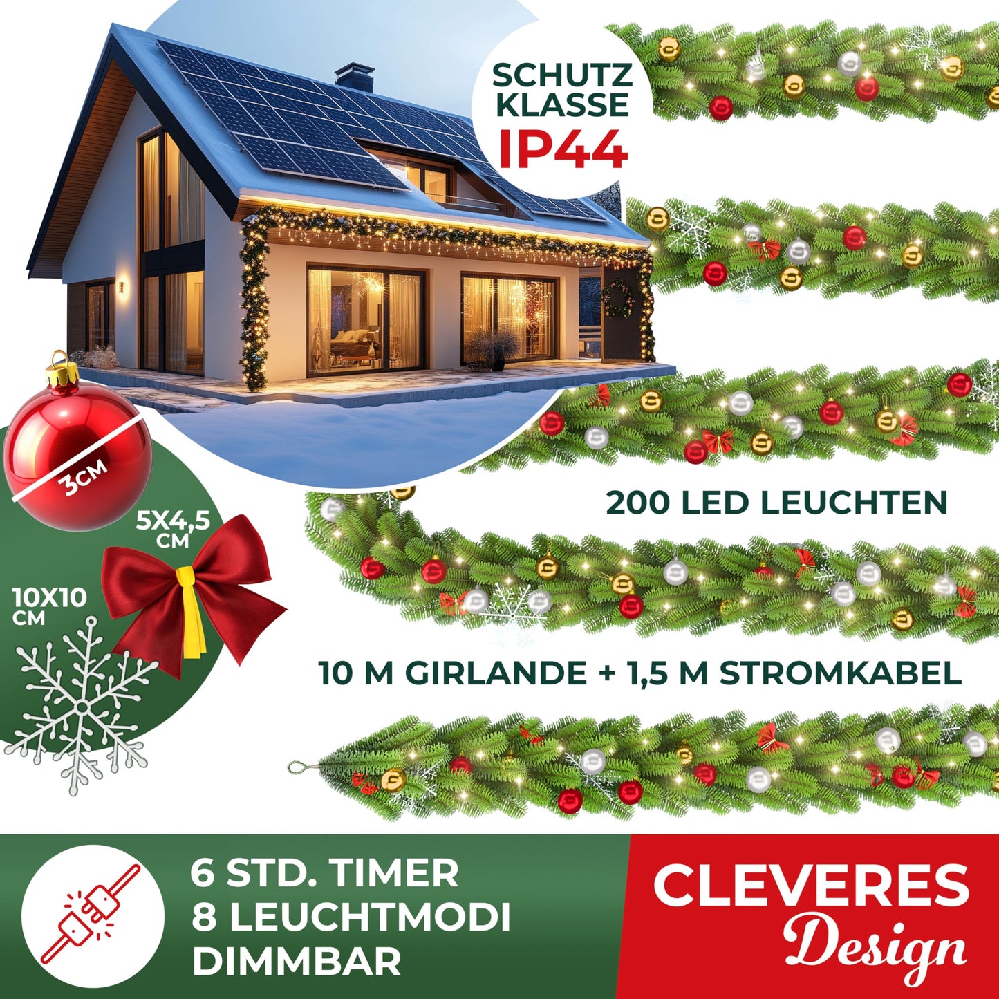 KESSERยฎ Christmas garland 10m with 200 LEDs - Timer - LED chain 8 light modes - Christmas lights - Christmas decoration for in & outdoor use - Pine garland with remote control + decorative charms