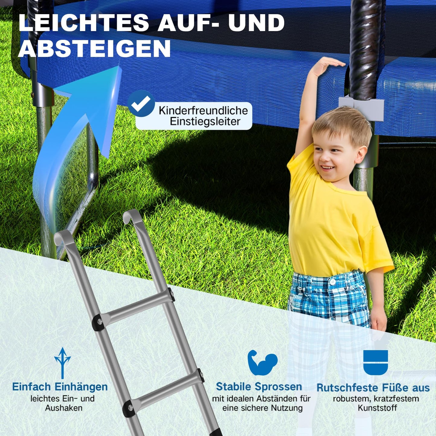 Devoko Trampoline Outdoor Ø 183/228/305/366/427 cm Indoor Trampoline Kids Garden Trampolines, Complete Set with Shoe Net, Ladder, Edge Cover, Safety Net, Weight Capacity 150 kg (Blue)