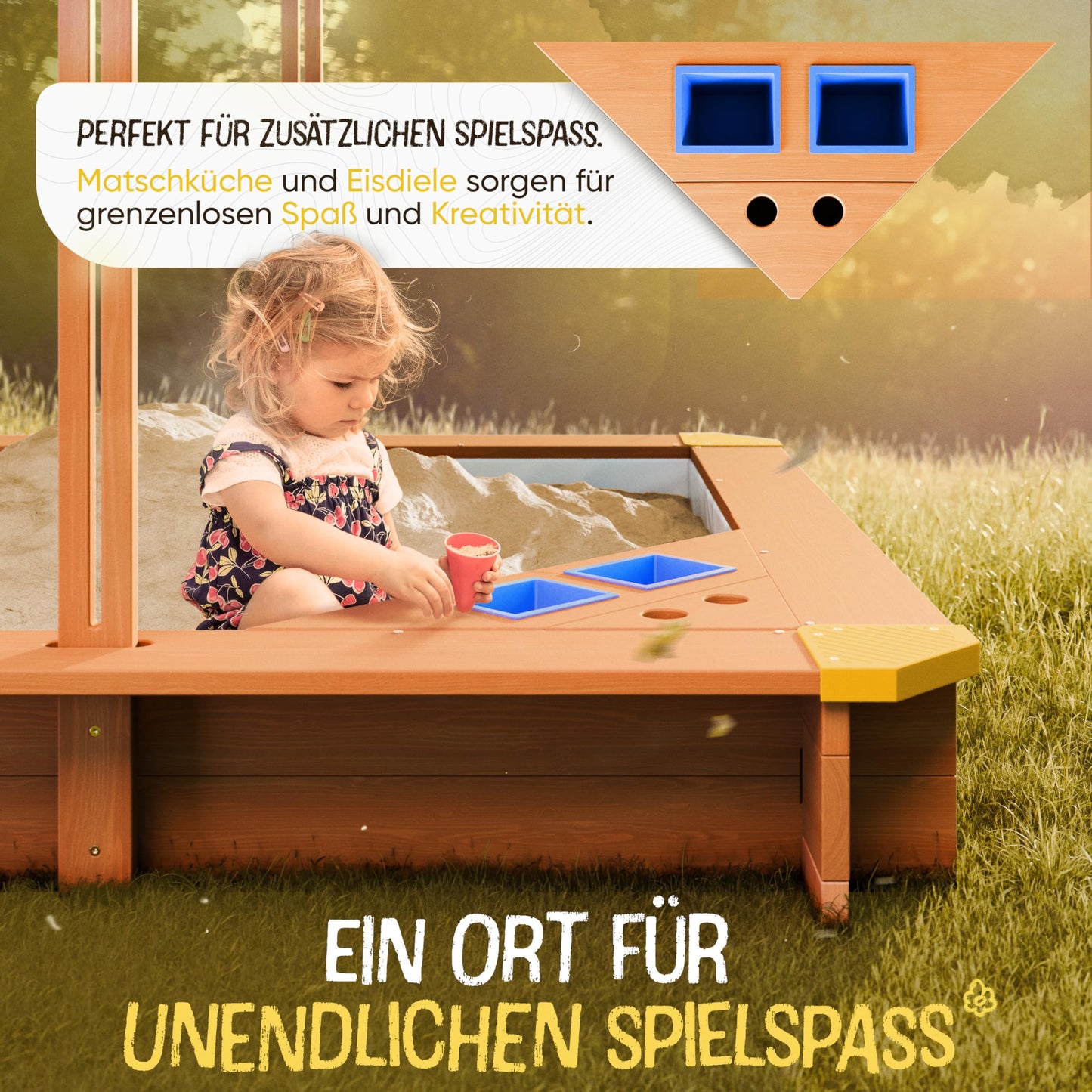 FRIEDO - Sandbox with roof (UV80+) & mud kitchen 120x120 cm - Sandbox includes weed and pest-proof ground fleece - Sandbox with wooden cover for children - suitable for outdoor and garden use.