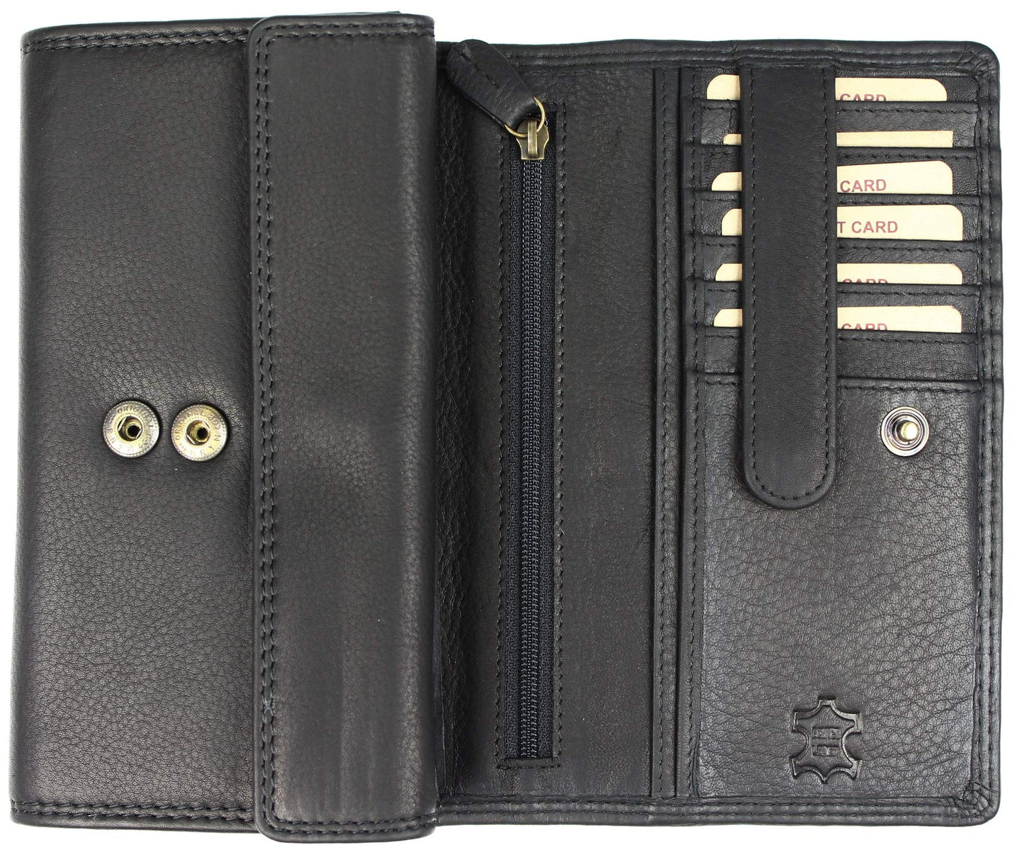 High-quality large vintage leather women's wallet with extra compartments in black - 17.5x10x4cm (W x H x D). Made of soft leather.