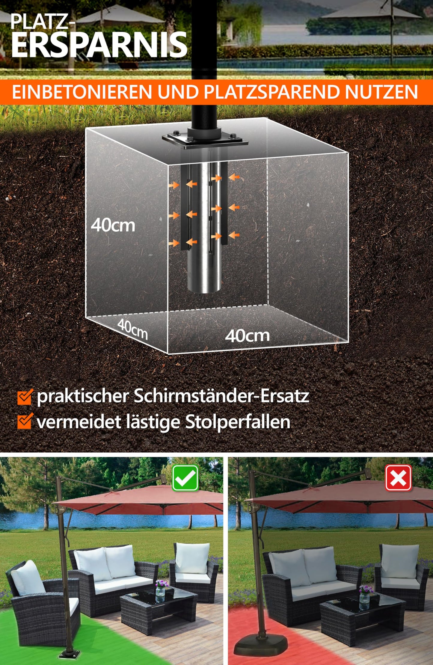 4smile Ground Sleeve Umbrella - Ground Anchor Cantilever Umbrella with base plate for embedding, Timeless quality - Universal Parasol stand Cantilever umbrella, load capacity up to 500 kg