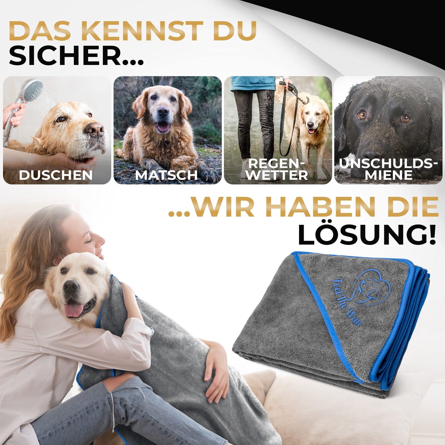 FeelTheWau Dog Towel extra absorbent - Dog towel for big dogs and small dogs - SUPER SOFT - Dog towel - Gift for dog owners (1 pack 130x75cm, Gray/Blue)