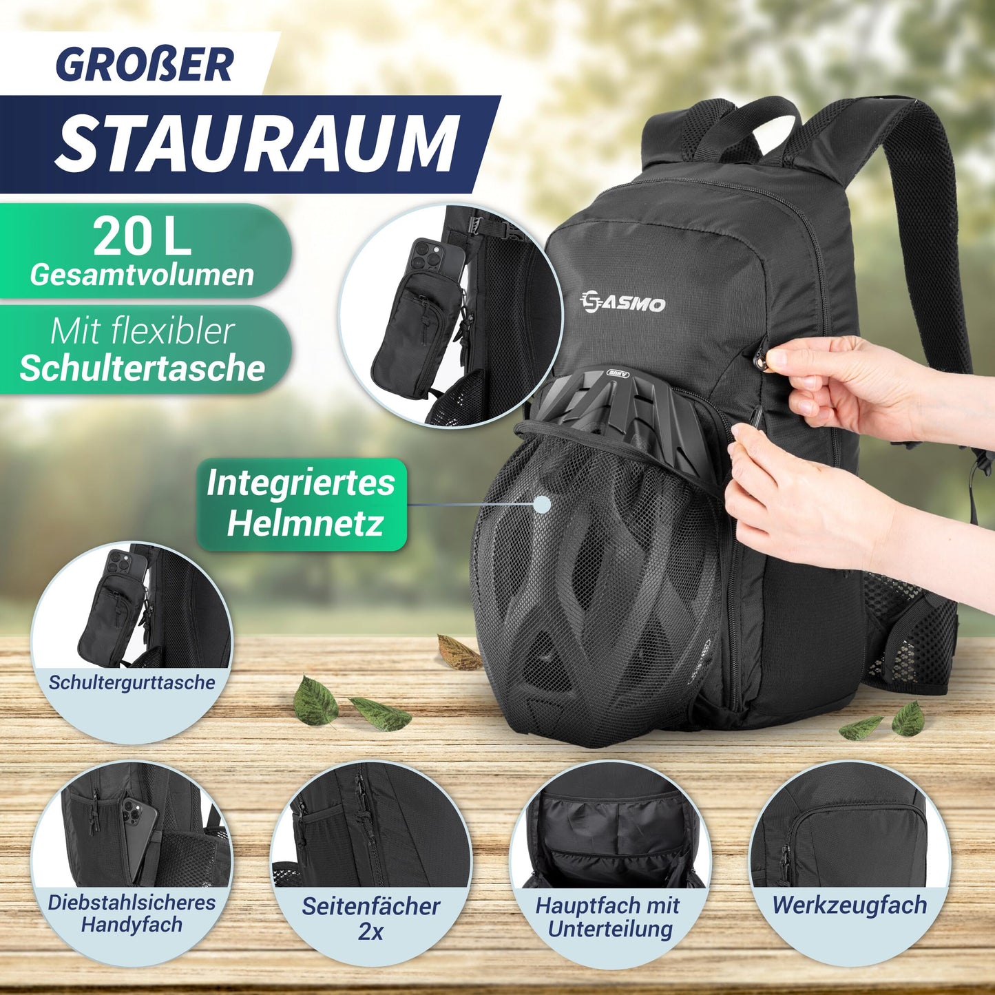 SASMO® Bike backpack 20l with thermal compartment & helmet net | MTB backpack | Bike backpack - incl. rain cover & phone pocket | Hydration pack bike backpack for men & women