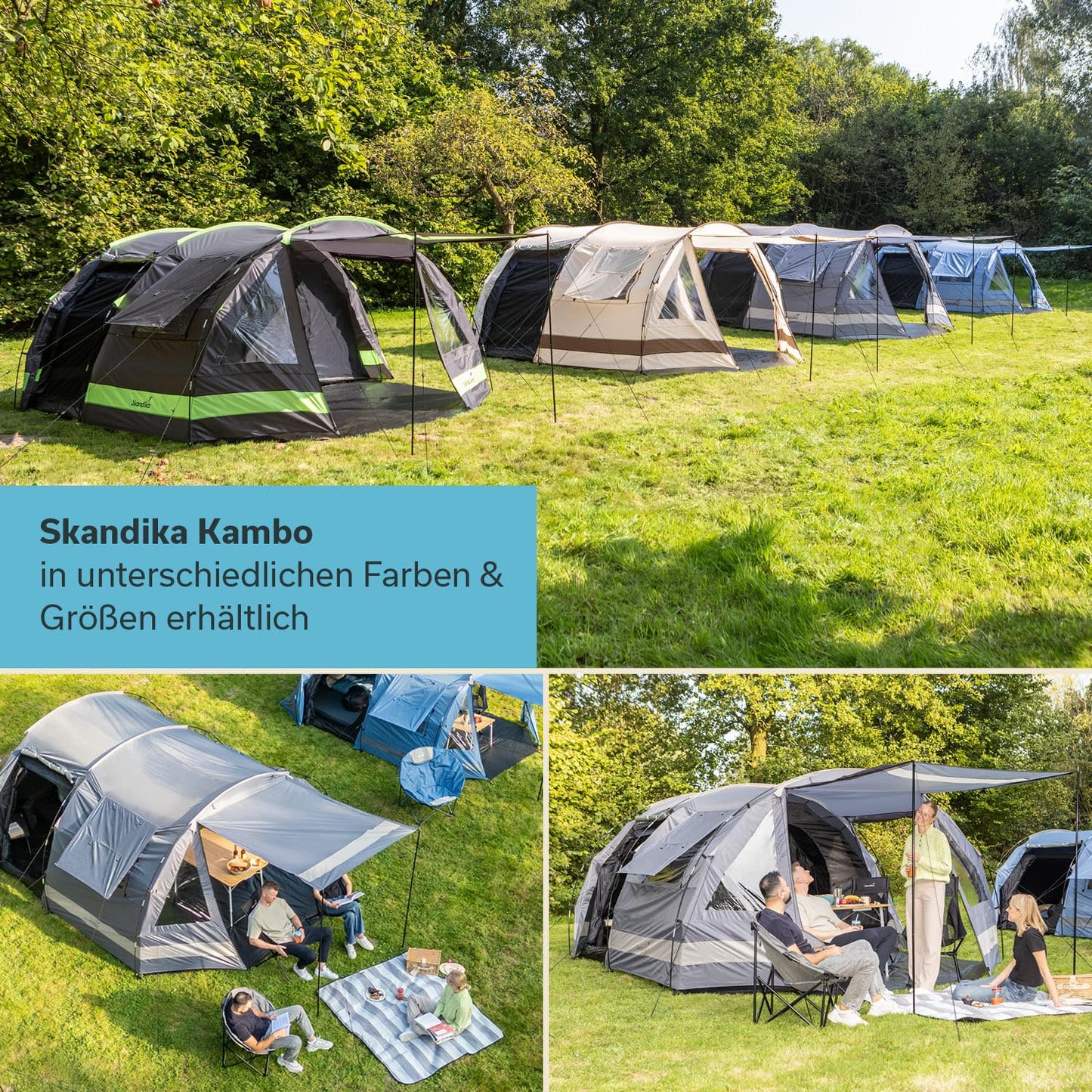 Skandika Kambo tunnel tent for 4 people | tent with sleeping cabin for 4 men, waterproof with 3000mm water column, 3 entrances, sunshade, awning | camping tent in grey/beige