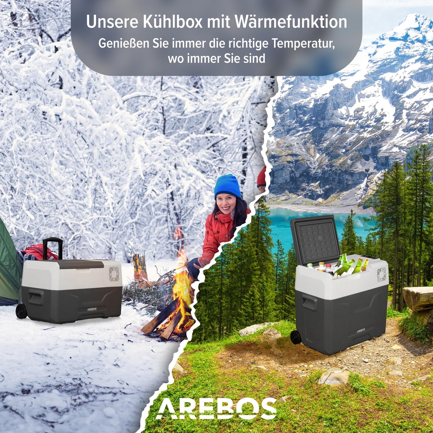 Arebos compressor cooler box with wheels 47L Electric freezer box with APP & smart control Cooling and heating function Mobile cooler with USB port 12/24 V 230V for car, truck, camping, boat, motorhome