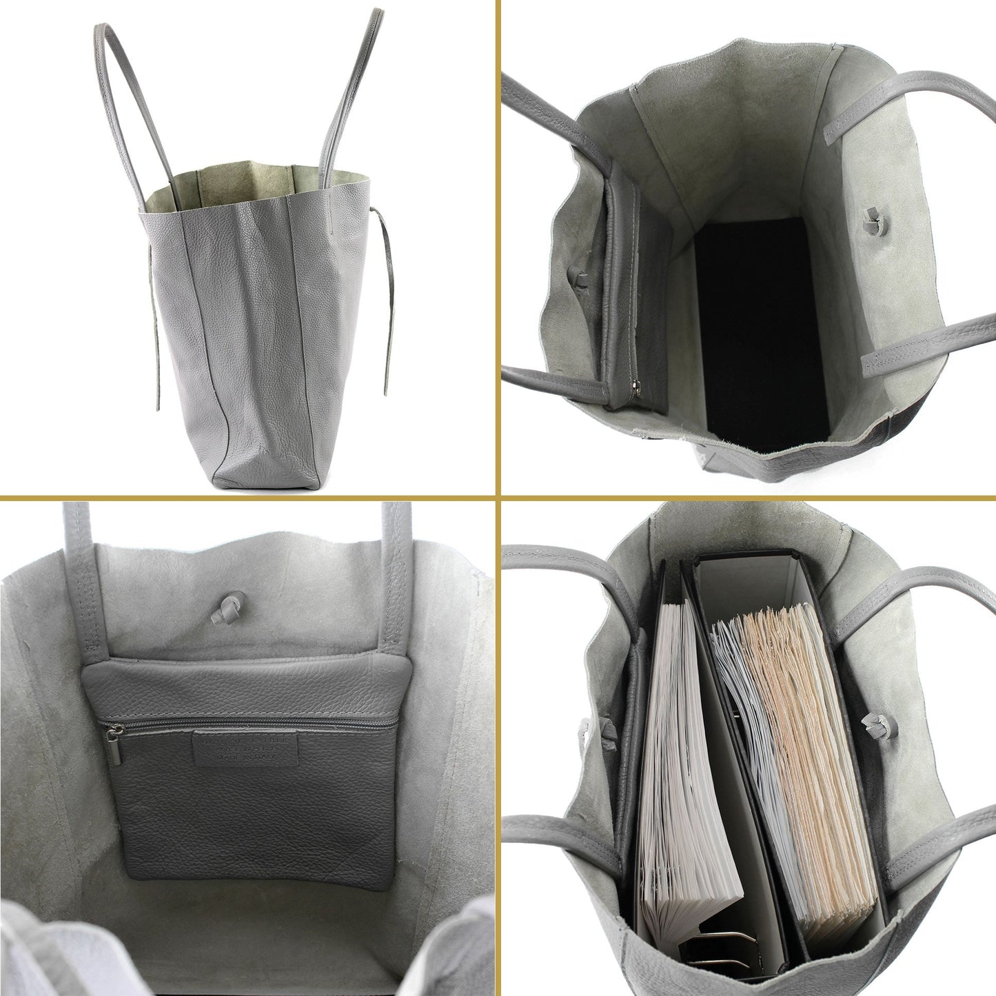 modamoda de T163 women's leather shopper shoulder bag large with inner pocket handmade in Italy, color: gold-metallic.