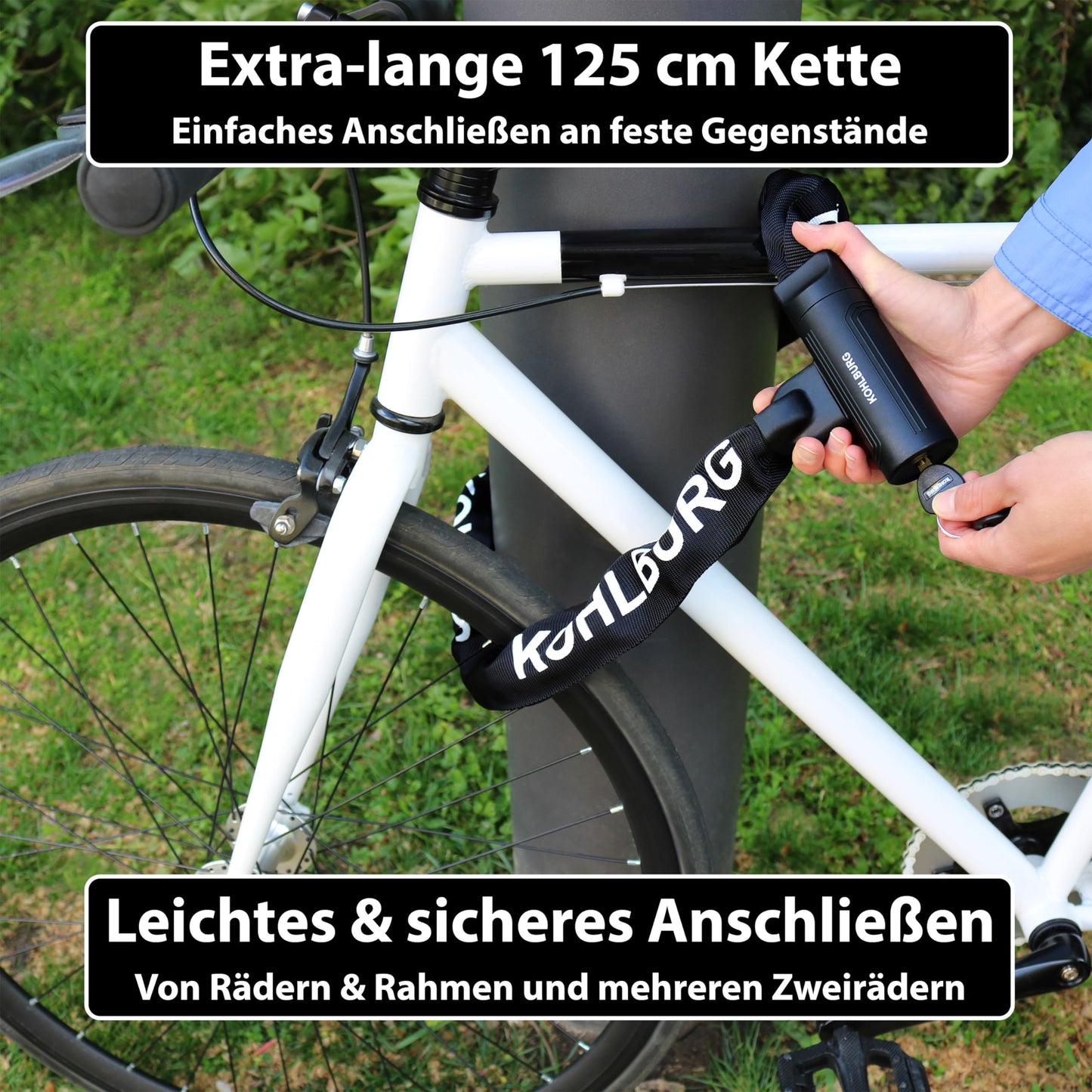 KOHLBURG Security Chain Lock - Lock 125cm long with 8.3mm thick 4-sided chain made of hardened special steel - secure bike lock with 4 keys for e-bikes, bicycles & motorcycles.