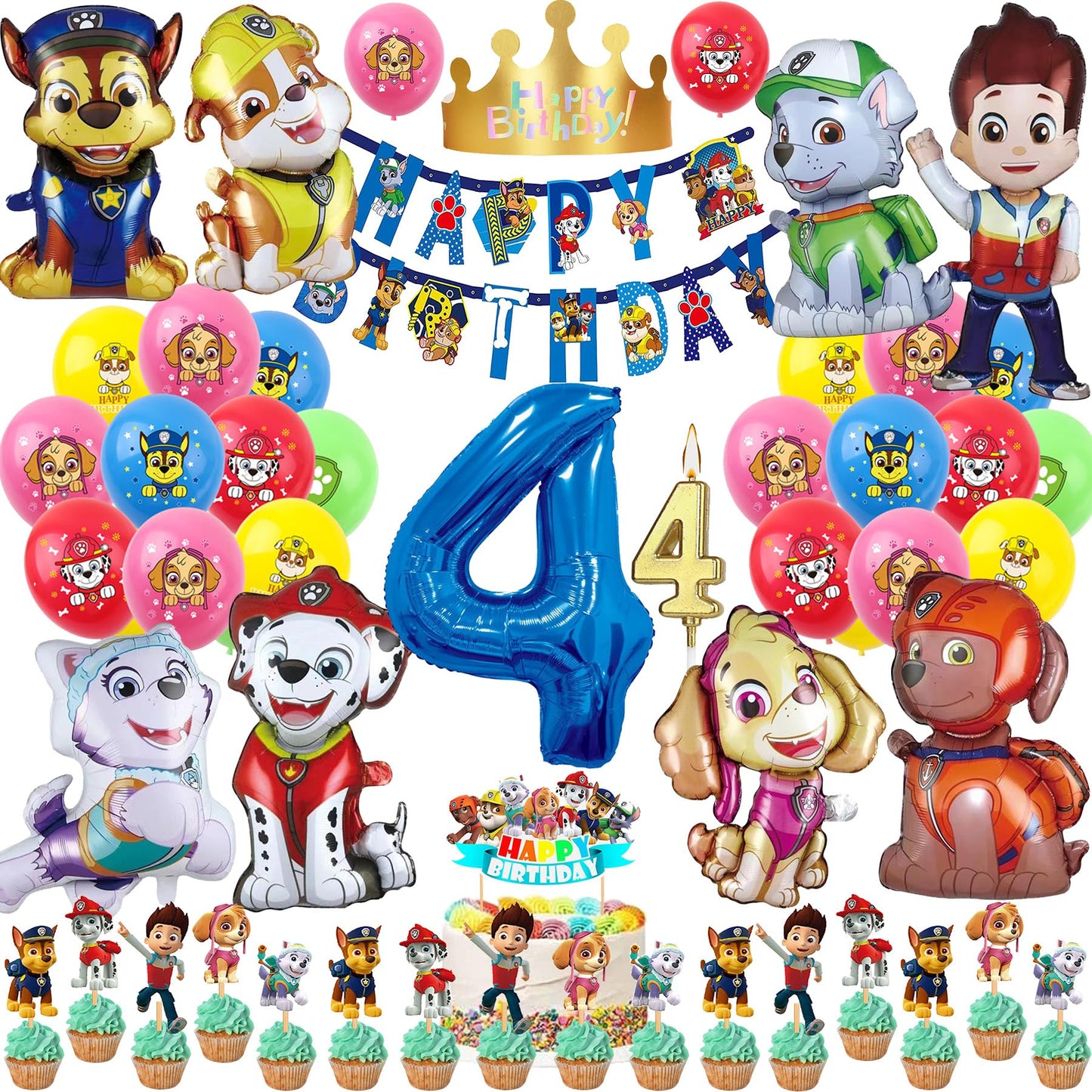 57 Pieces 4th Birthday Decorations Birthday Decor 4 Years Boys Girls Party Decoration Set Happy Birthday Banner, 9 Large Foil Balloons, 20 Latex Balloons, Cake Toppers, Candles, Birthday Hats (Number 4)