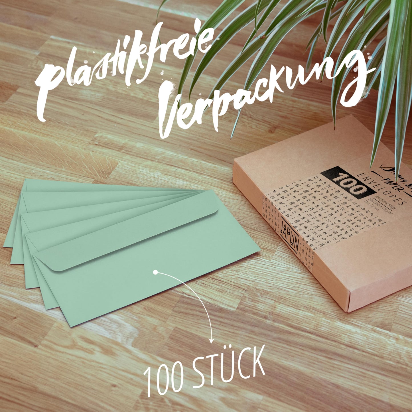 Japun - Paper envelopes (100 pcs), made of paper, without window - DL size - 220 x 110 mm - green.
