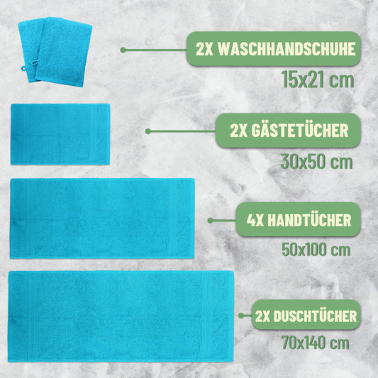 GREEN MARK 10-piece terry towel set with various sizes: 4 hand towels, 2 bath towels, 2 guest towels, 2 washcloths. Color: Turquoise. Premium quality.