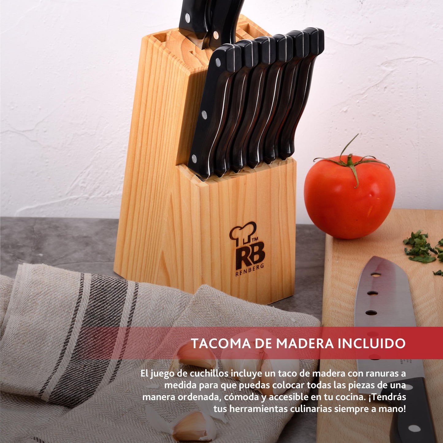 RENBERG Tenessy | Kitchen knife | 15-piece complete set with wooden handle | Perfect for cutting all types of ingredients | Professional kitchen | Made of stainless steel