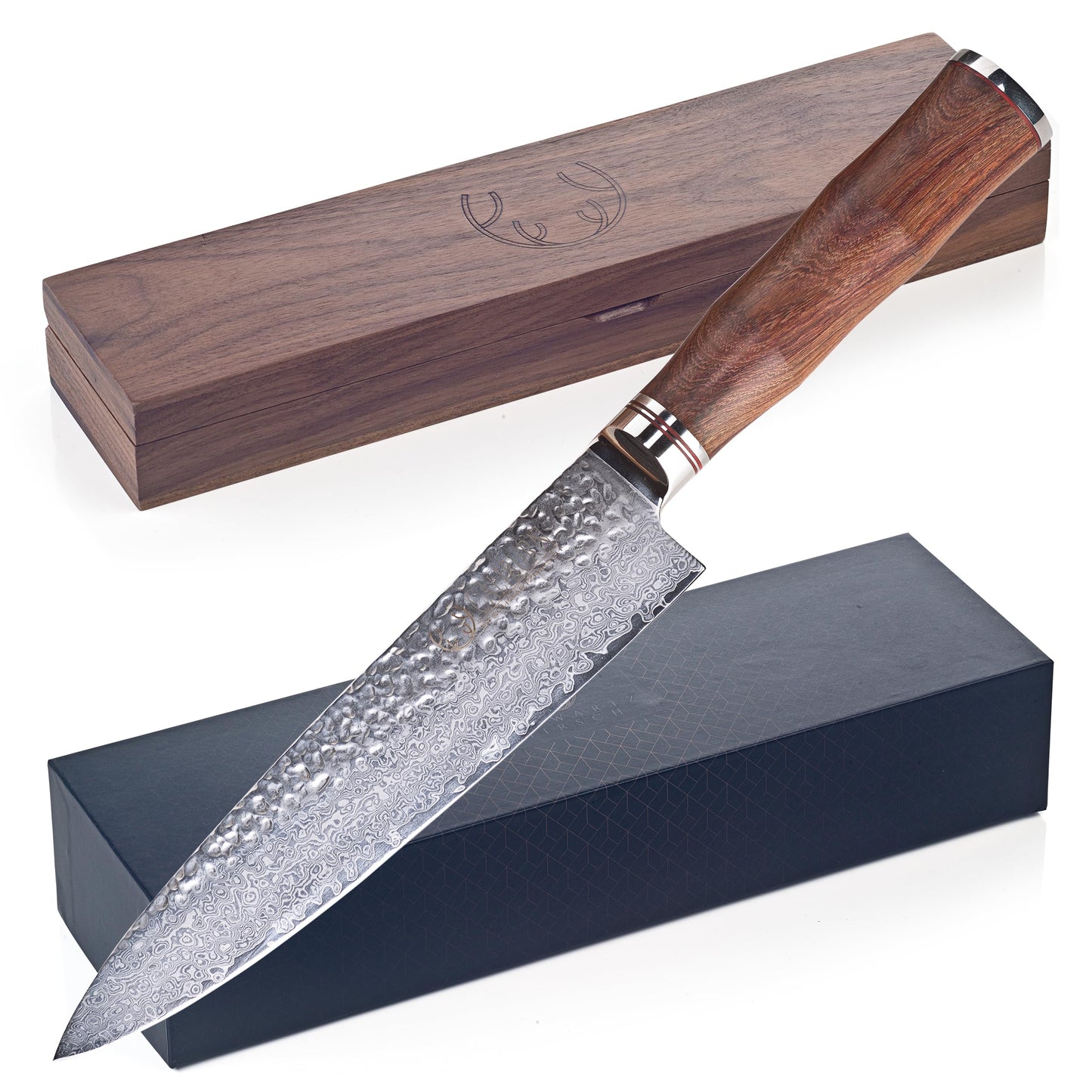 SCHWARTZHIRSCH® Caliburn - The handcrafted chef's knife made from Japanese Damascus steel with a fine genuine wood handle in an exclusive walnut wood box (20cm, Damascus knife, gift packaging)