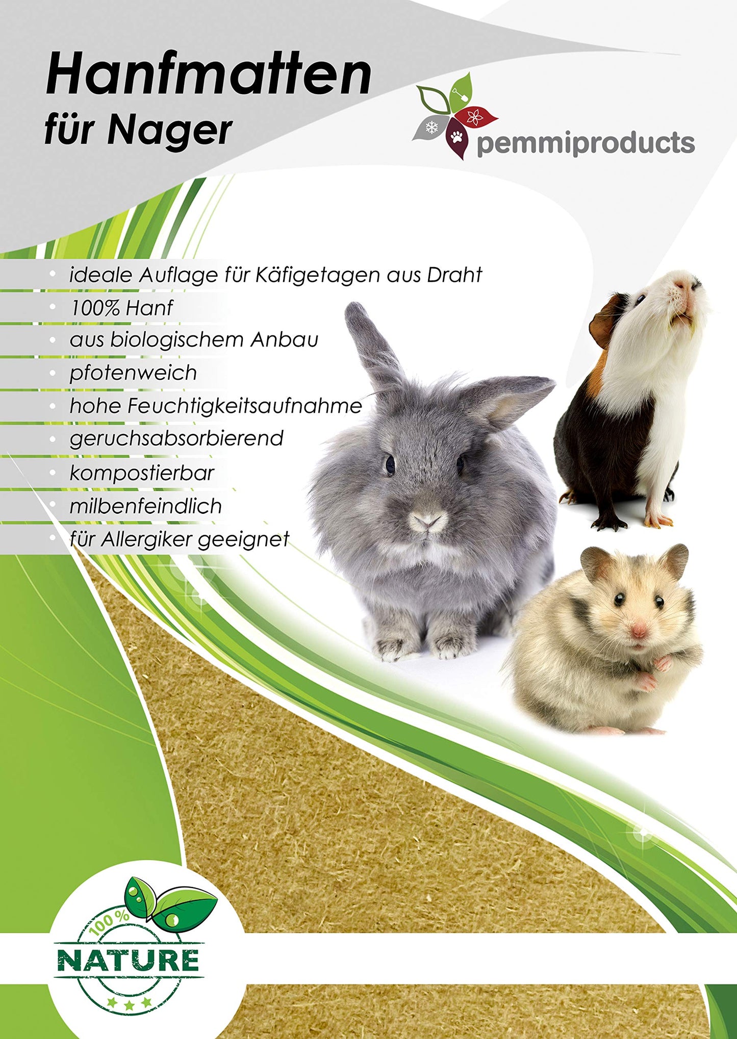 Pemmiproducts rodent carpet 100% hemp, 120 x 60 cm approx. 5 mm thick, pack of 10, rodent mat, hemp mat for rabbits, guinea pigs, rodents, Hemp mat