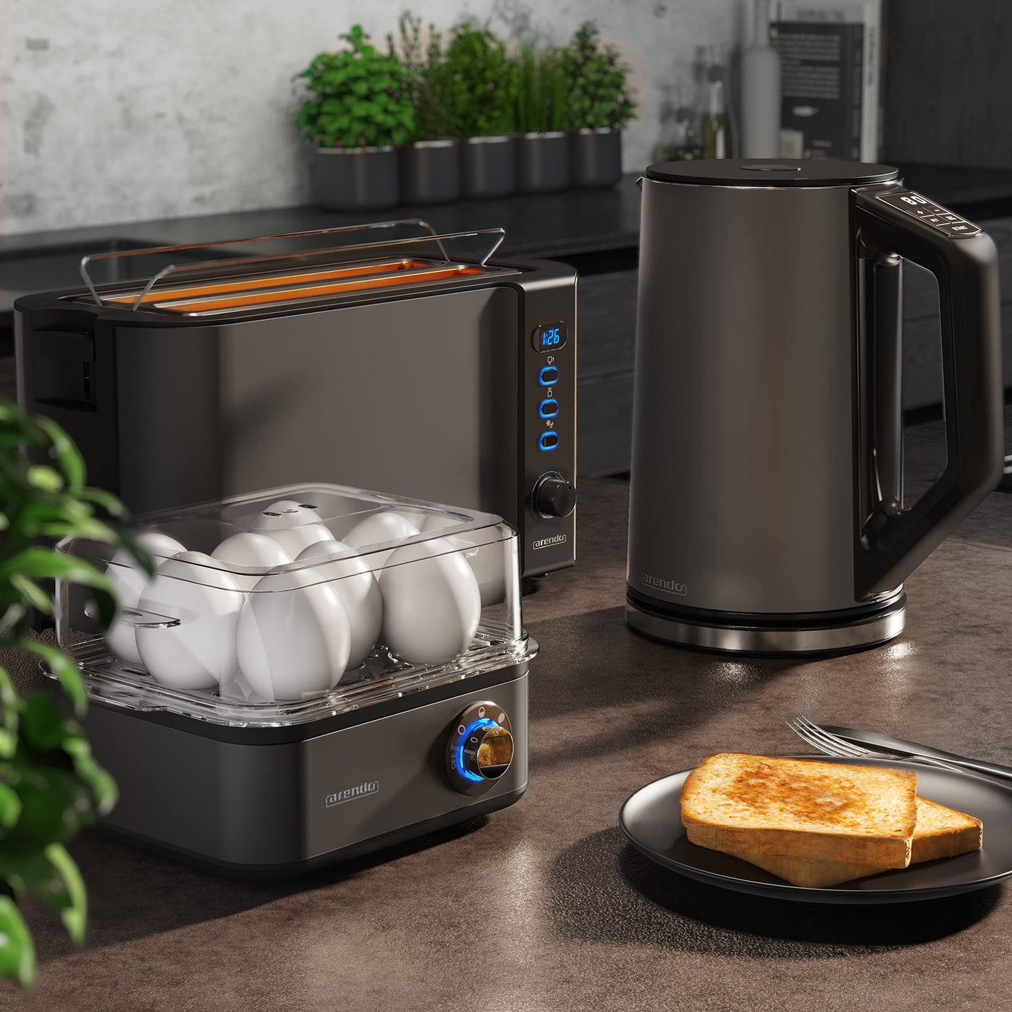 Arendo - Kettle with Toaster SET and Egg Cooker, Stainless Steel Cool Grey, Kettle 1.5L 40° - 100°C, Toaster 4 slices LED display 6 browning levels Egg cooker 1-8 eggs Measuring cup