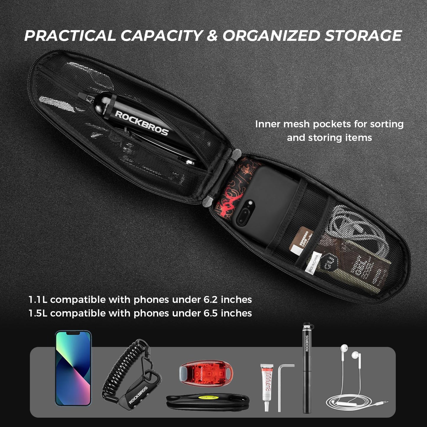 ROCKBROS bike frame bag waterproof top tube bag for MTB road bike folding bike Black M 1.1L
