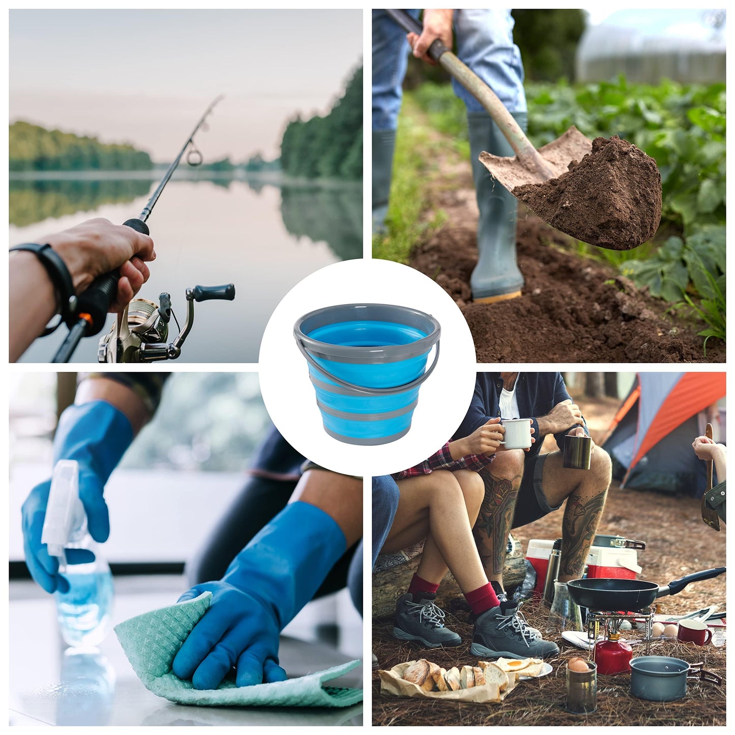 Bramble - 2 Foldable Silicone Buckets for Cleaning, Camping, Fishing, Traveling (10L) - Space-saving for Home & RV (Blue/Gray)