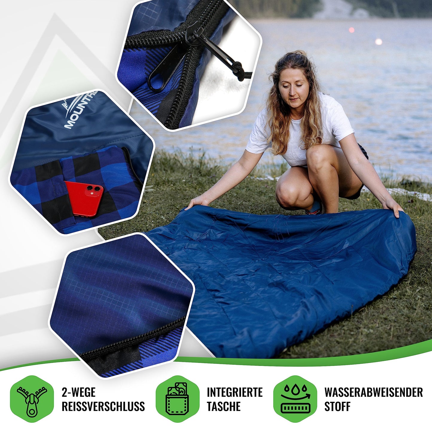 MOUNTEX Double sleeping bag - Summer sleeping bag for 2 people (210 x 150cm), Blanket sleeping bag - XXL summer sleeping bag with 2 pillows for adults - Camping, Outdoor & Indoor (Blue)